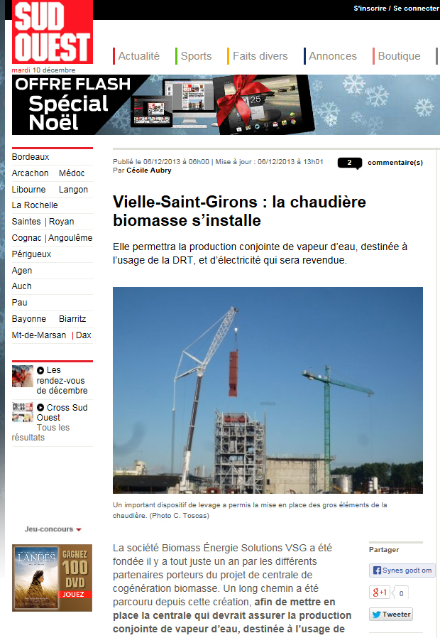 Boiler is being installed on the Cofely BES VSG site at Vielle-Saint-Girons in France